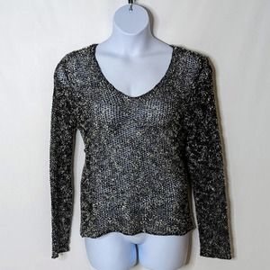 Chico's Design Black/Cream Open Weave V-Neck Pullover Sweater Women's Sz 1 (M)